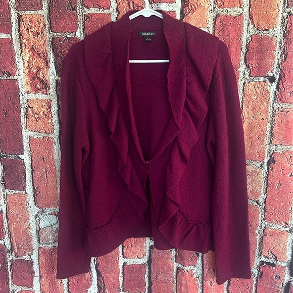 Claudia Ev Burgundy ruffled wool women’s cardigan size large - Picture 2 of 12